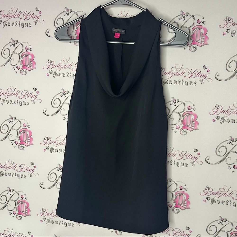 Vince Camuto scoop neck blouse tank top flowy Black Sleeveless Top luxe classic